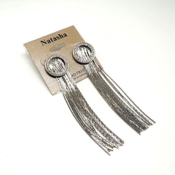 NWT Natasha Silver Tone Fringe Dangle & Pave Rhinestone Earrings Cocktail - Picture 4 of 10